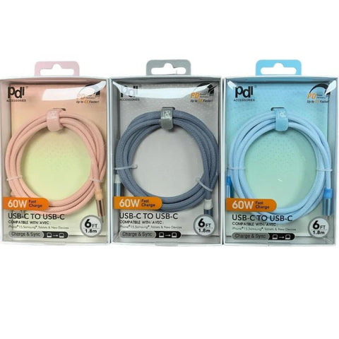 USB CABLE C MALE TO MALE 60W 6FT FAST CHARGE-SYNC ASSORTED COLOR