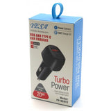 USB CAR CHARGER DUAL USB C AND USB PORT 5v@3A PD3.0+QC3.0 20W