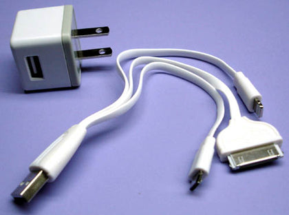 USB WALL CHARGER 5VDC 1A WITH 30P/LIGHTNING/MICRO CONN