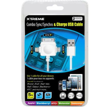 USB CABLE A MALE TO MICRO/30P/8P LIGHTING CONN 5FT SYNC & CHARGE