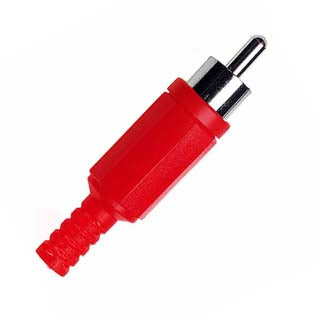 RCA PLUG INLINE SOL PLASTIC RED TIN STRAIN RELIEF