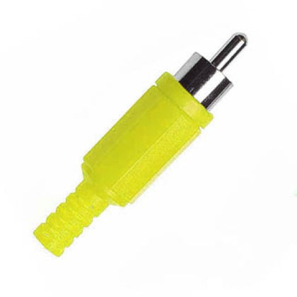RCA PLUG INLINE SOL PLASTIC YELLOW TIN STRAIN RELIEF