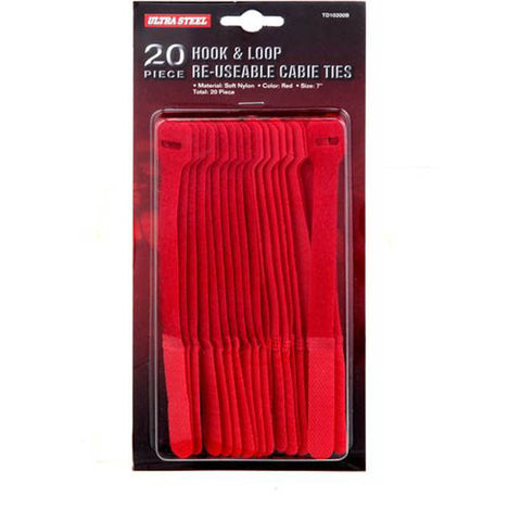 VELCRO HOOK AND LOOP TIE RED 7IN RESUABLE SOFT NYLON 20PCS PACK