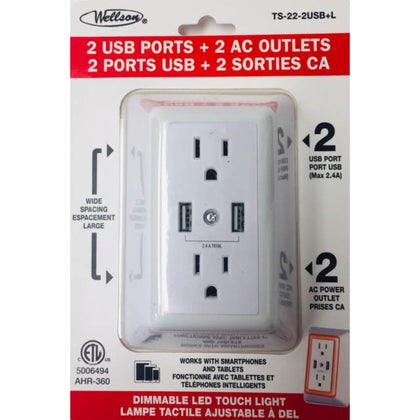 WALL TAP 2-OUTLET 2USB 15A 125V 5VDC 2.4A W/ DIMMABLE LED LIGHT