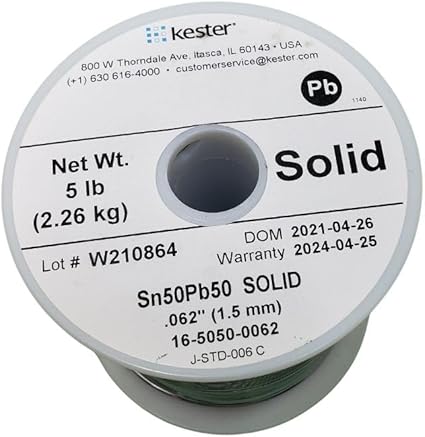 SOLDER WIRE 50/50 SOLID 5LB 1.57 MM 0.062IN DIAMETER SN50PB50