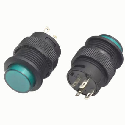 PUSH SWITCH LIT LATCH GREEN 1P1T NO/NC 3A/125V 16MM TH SOL/PUSH