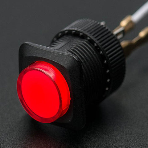 PUSH SWITCH LIT LATCH RED 1P1T ON/OFF 3A/125V 16MM TH SOL/PUSH