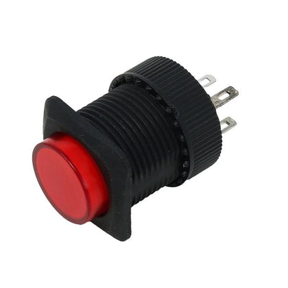 PUSH SWITCH LIT LATCH RED 1P1T ON/OFF 3A/125V 14.5MM TH SOL/PUS