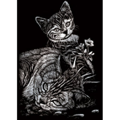 TABBY CAT & KITTEN-SILVER MINI ENGRAVING ART