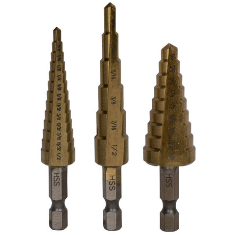 STEP DRILL BIT 3PC SET 3/16-1/2. 1/4-3/4 1/8-1/2IN