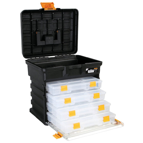 TOOL CASE EMPTY 14X12X9 INCH BLK WITH REMOVABLE TRAYS{{