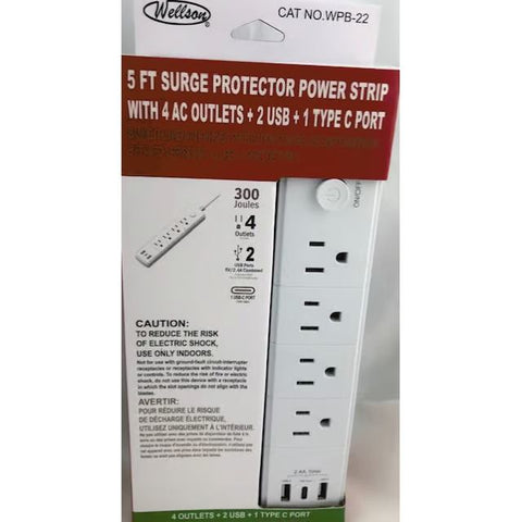 POWER BAR 4 O/LET WITH 2XUSB AND 1XTYPE C PORT 5FT CORD 300JOULES