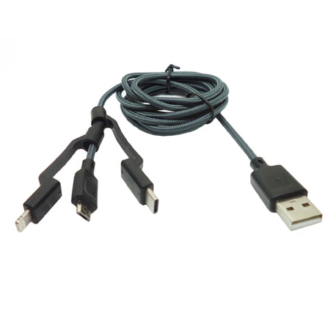 USB CABLE A MALE TO MICRO B TYPE C AND LIGHTNING 6FT GRAY