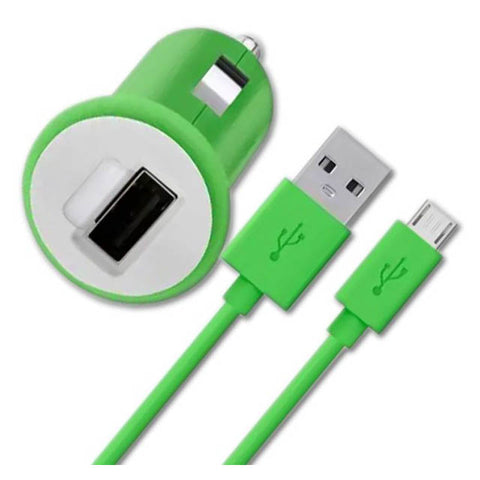 USB CAR CHARGER 5VDC 2.1A WITH USB A TO MICRO B CABLE 4FT GRN