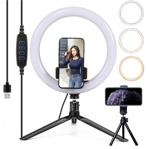 SELFIE RING LIGHT 10IN WITH 2 PHONE HOLDERS & 2 TRIPOD STANDS