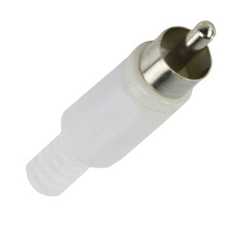 RCA PLUG INLINE SOL PLAST WHITE TIN STRAIN RELIEF