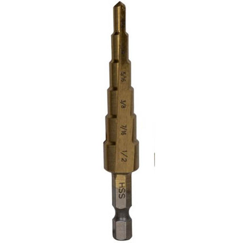 STEP DRILL BIT 3/16-1/2IN HSS WITH TITANIUM COATING